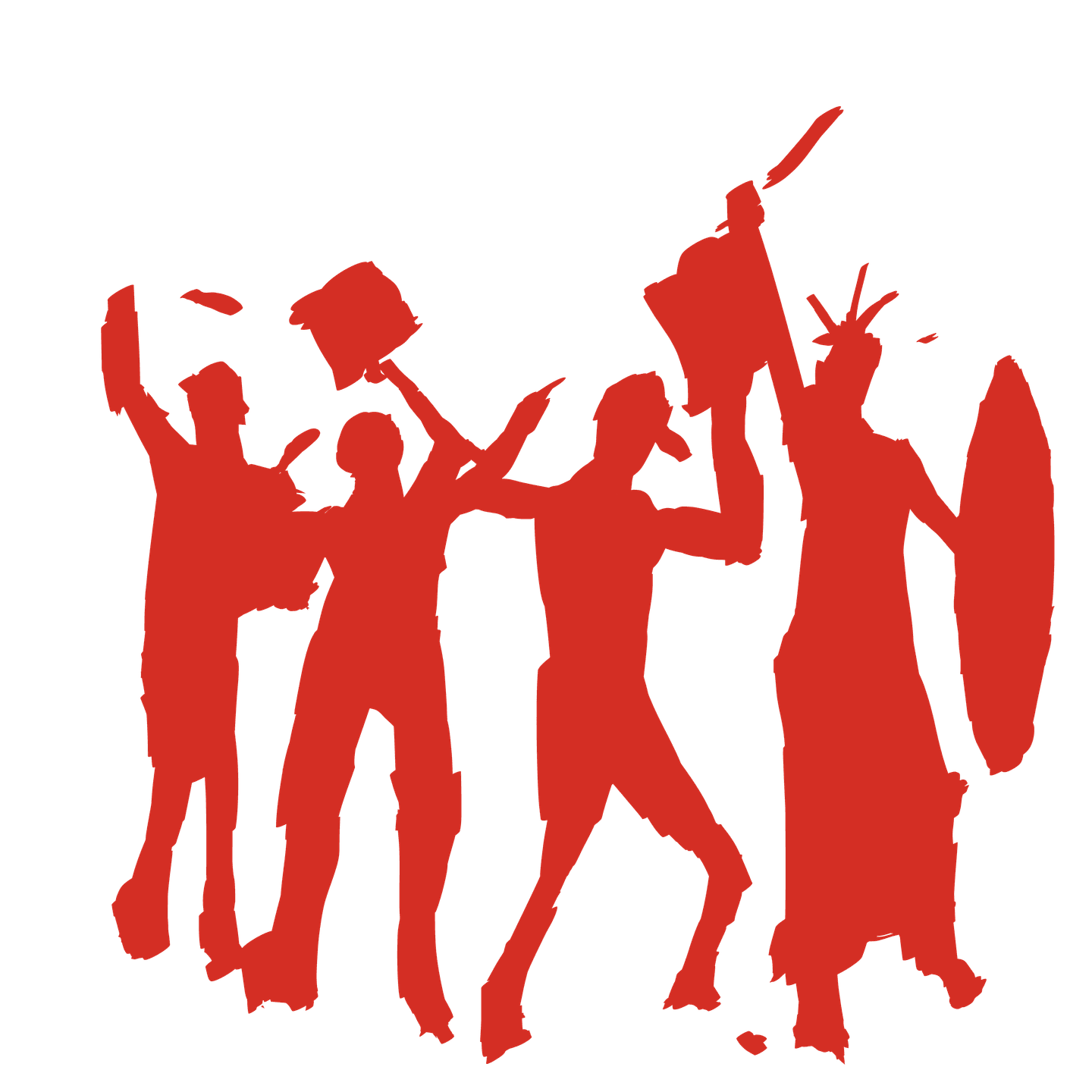 Illustration: marchers painted in red bang pots, pans, and garbage-can lids beneath chalk-sketched music notes, joined by the Statue of Liberty carrying a garbage-lid shield.